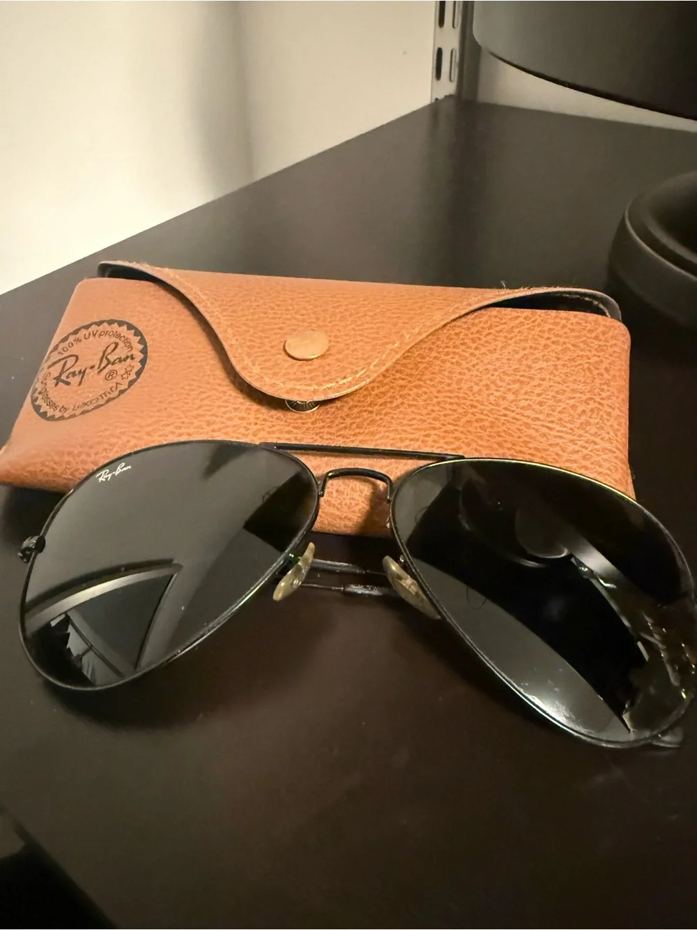 Ray-Ban Black Lens Aviator Sunglasses with Brown Leather Case